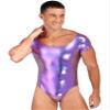 CHICTRY Mens Shiny Patent Leather Bodysuit Short Sleeve One-Piece Leotard Dancewear Swimwear Purple 3X-Large view 3