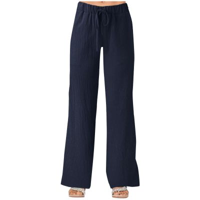 YOLAI Women's Solid Color Loose Casual Pants Wide Leg Cotton Linen Pants Drawstring Elastic Waist Trousers with Pockets (Blue, S)