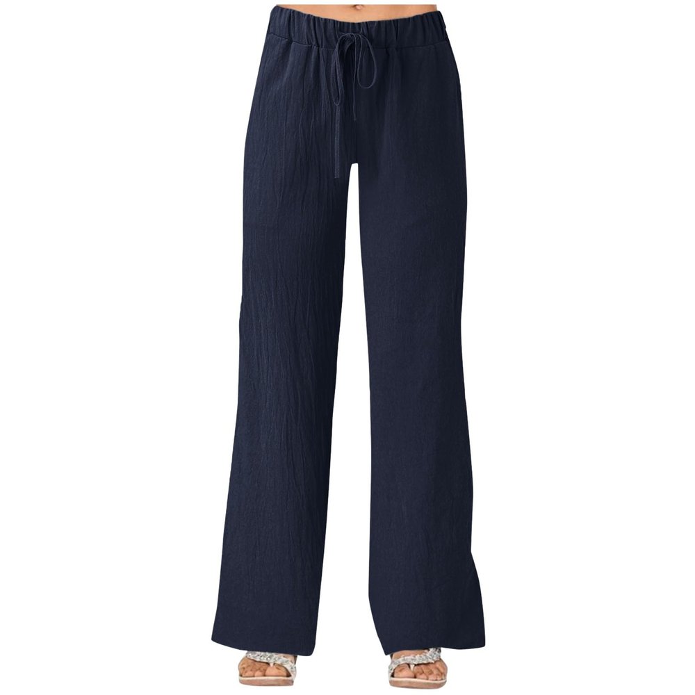 YOLAI Women's Solid Color Loose Casual Pants Wide Leg Cotton Linen Pants Drawstring Elastic Waist Trousers with Pockets (Blue, S)