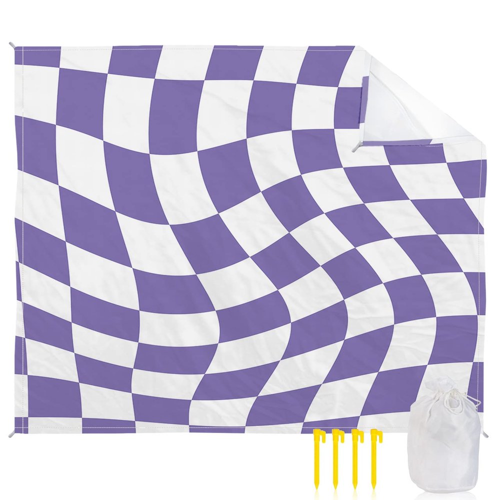 ZFUNCING Abstract Purple White Checker Beach Blanket Extra Large 95x80in Outdoor Waterproof Sandproof Picnic Blankets with Stakes Lightweight Beach Mat for Camping Travel Hiking,Distortion Aesthetic