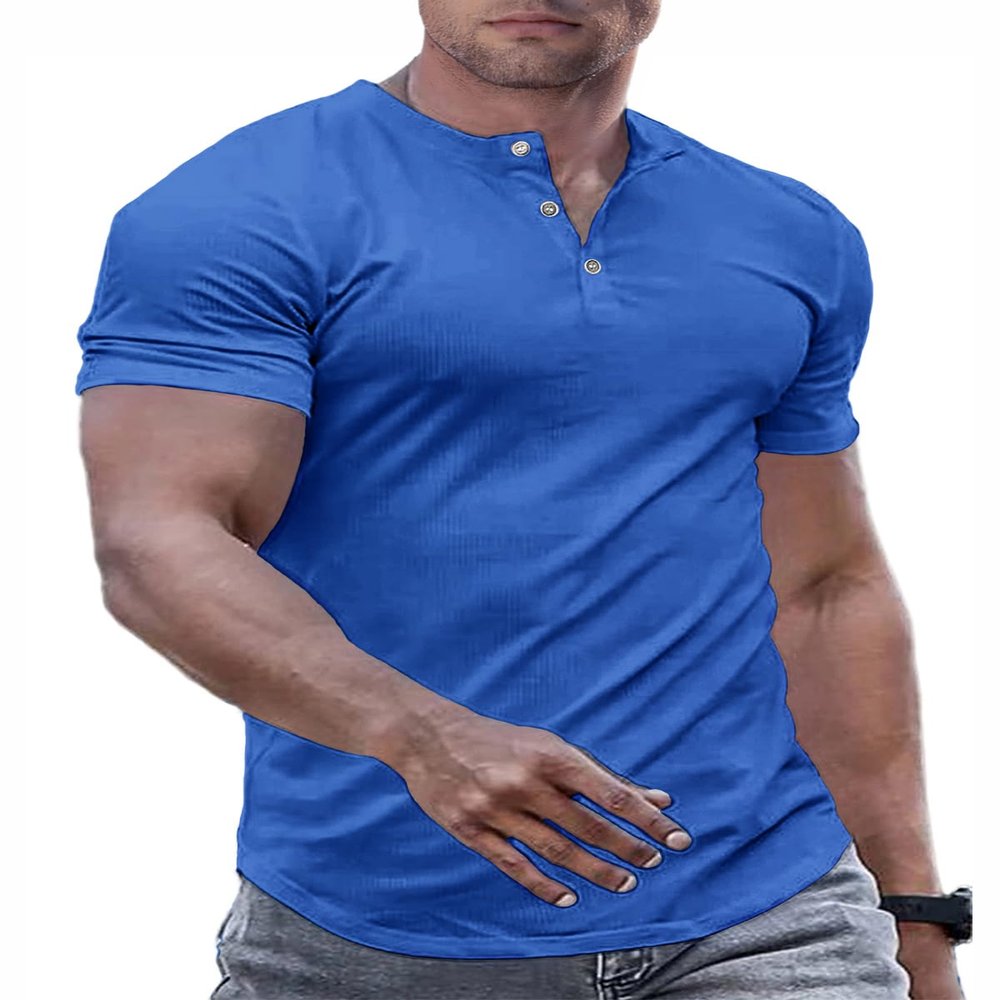 JMIERR Mens Muscle Slim Fit Button Henley Shirts Summer Crewneck Short Sleeve Longline Fitted T-Shirt Gym Workout Athletic Tees Shirt for Men, L, Blue2