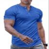 JMIERR Mens Muscle Slim Fit Button Henley Shirts Summer Crewneck Short Sleeve Longline Fitted T-Shirt Gym Workout Athletic Tees Shirt for Men, L, Blue2 view 1