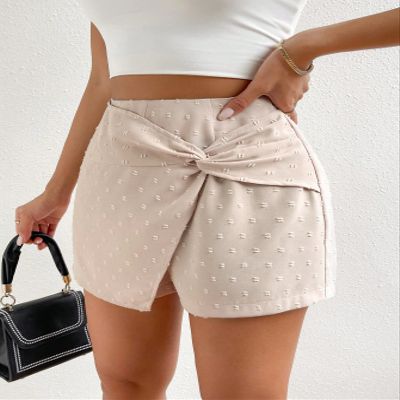 AKIOLOAS Women's Shorts Swiss Dot Twist Front Wrap Hem Skort Women's Shorts Shorts for Women (Color : Apricot, Size : Small)