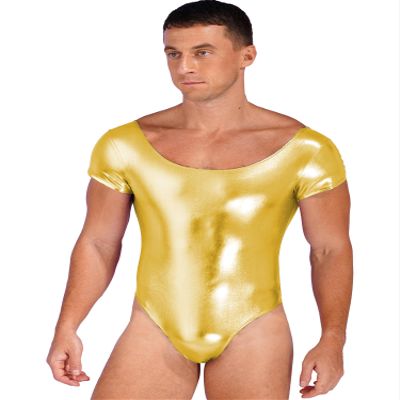 CHICTRY Mens Shiny Patent Leather Bodysuit Short Sleeve One-Piece Leotard Dancewear Swimwear Gold XX-Large