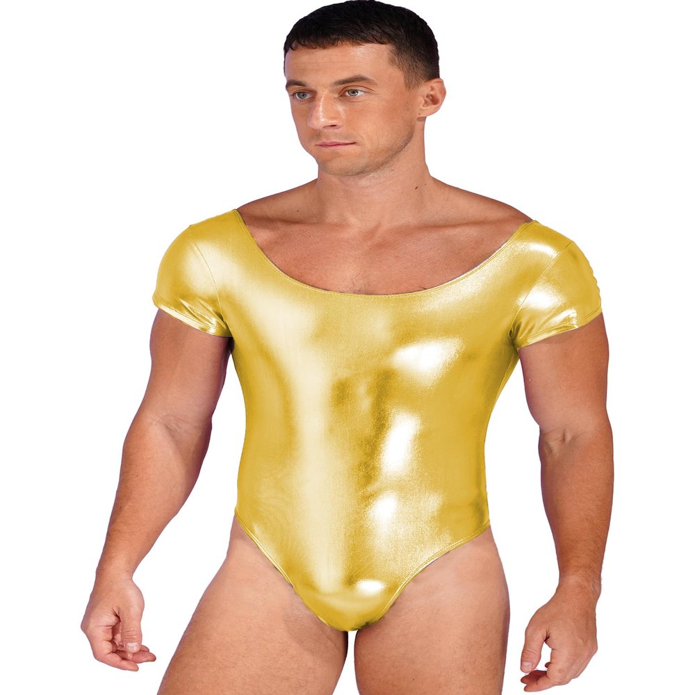CHICTRY Mens Shiny Patent Leather Bodysuit Short Sleeve One-Piece Leotard Dancewear Swimwear Gold XX-Large
