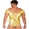 CHICTRY Mens Shiny Patent Leather Bodysuit Short Sleeve One-Piece Leotard Dancewear Swimwear Gold XX-Large view 2