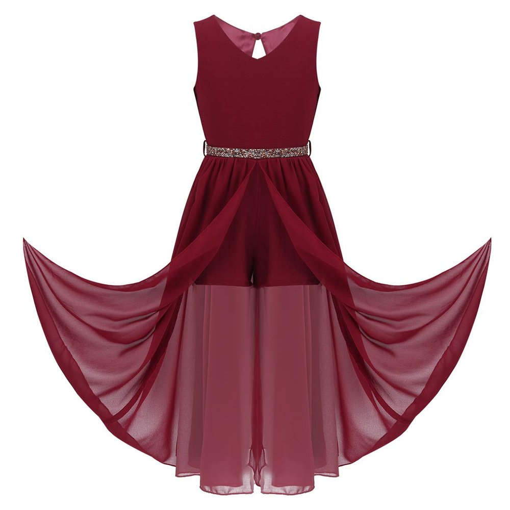 Alvivi Big Girls Halter-Neck Floral Lace Junior Bridesmaid Romper Dress Wedding Party Ball Prom Evening Long Gowns Burgundy V Neck 8 Years