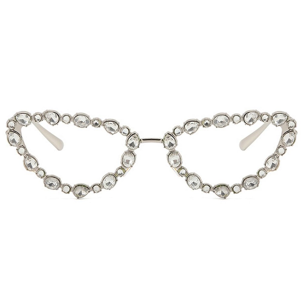 Full Crystal Shiny Cat Eye Sunglasses For Women Vintage Fashion Luxury Rhinestone Sun Glasses Female Elegant Shades (silver&clear)