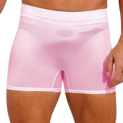 Miutii Mens Sheer Silky Shorts Low Rise Stretchy Short Pants Underwear Nightwear Yoga Sportwear Pink One Size