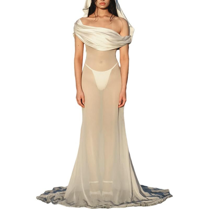 Sexy See Through Sheer Mesh Maxi Dress Sleeveless Lace Patchwork Long Dress Perspective Backless Bodycon Beach Wear