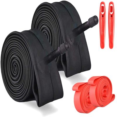 2-Pack 700x35/43C Road Bike Inner Tubes with Tire Levers and Rim Strips, Bicycle Tube Compatible with 700x35C 700x38C 700x40C 700Cx43C Bicycle Tyre Tire (Black, 700x35/43MM Schrader Valve)