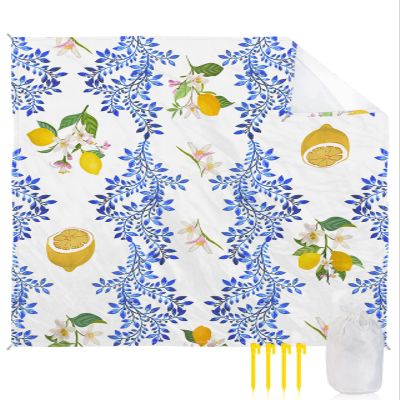 Watercolor Farm Lemon Fruit Beach Blanket Extra Large 108x84in Outdoor Waterproof Sandproof Picnic Blankets with Stakes Lightweight Beach Mat for Camping Travel Hiking,Retro Blue Flower on White