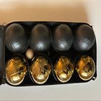 BuyBocceBalls Listing -73mm Metal Bocce/Petanque Set with 8 Black and Gold Balls and Black Bag