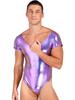 CHICTRY Mens Shiny Patent Leather Bodysuit Short Sleeve One-Piece Leotard Dancewear Swimwear Purple X-Large view 1