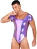 CHICTRY Mens Shiny Patent Leather Bodysuit Short Sleeve One-Piece Leotard Dancewear Swimwear Purple X-Large view 2