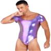 CHICTRY Mens Shiny Patent Leather Bodysuit Short Sleeve One-Piece Leotard Dancewear Swimwear Purple Large view 2