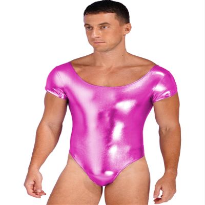 CHICTRY Mens Shiny Patent Leather Bodysuit Short Sleeve One-Piece Leotard Dancewear Swimwear Rose 3X-Large