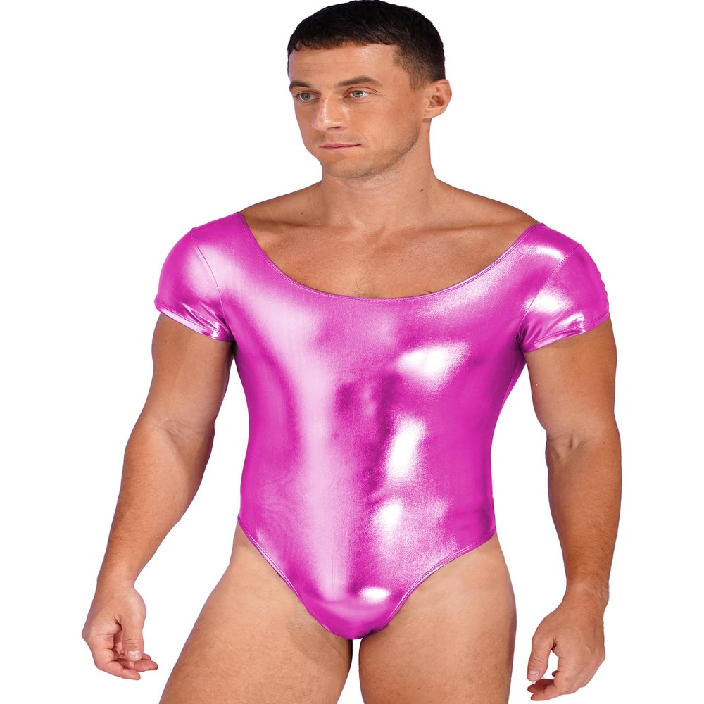 CHICTRY Mens Shiny Patent Leather Bodysuit Short Sleeve One-Piece Leotard Dancewear Swimwear Rose 3X-Large