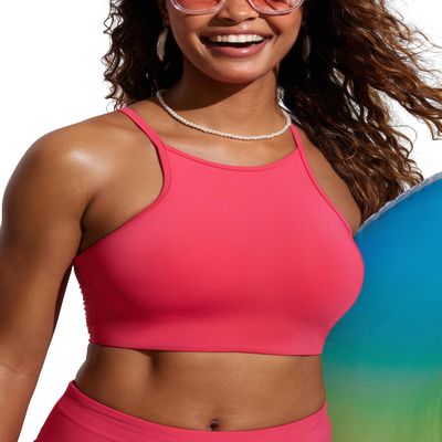 CRZ YOGA Women's Bikini Tops High Neck Swimsuit Racerback Padded Bathing Suit Sexy Swimwear Magenta Medium