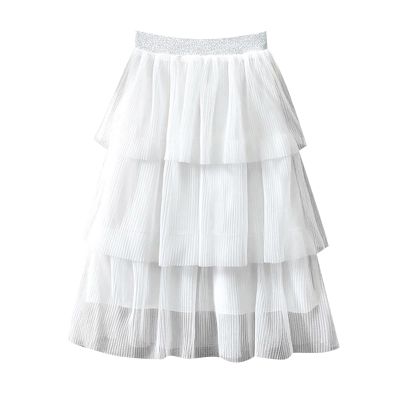 Summer Girl Half Skirt Three Seersucker Press Pleated Mesh Half Skirt Princess Wind Short Baby Girl (White, 3-4 Years)