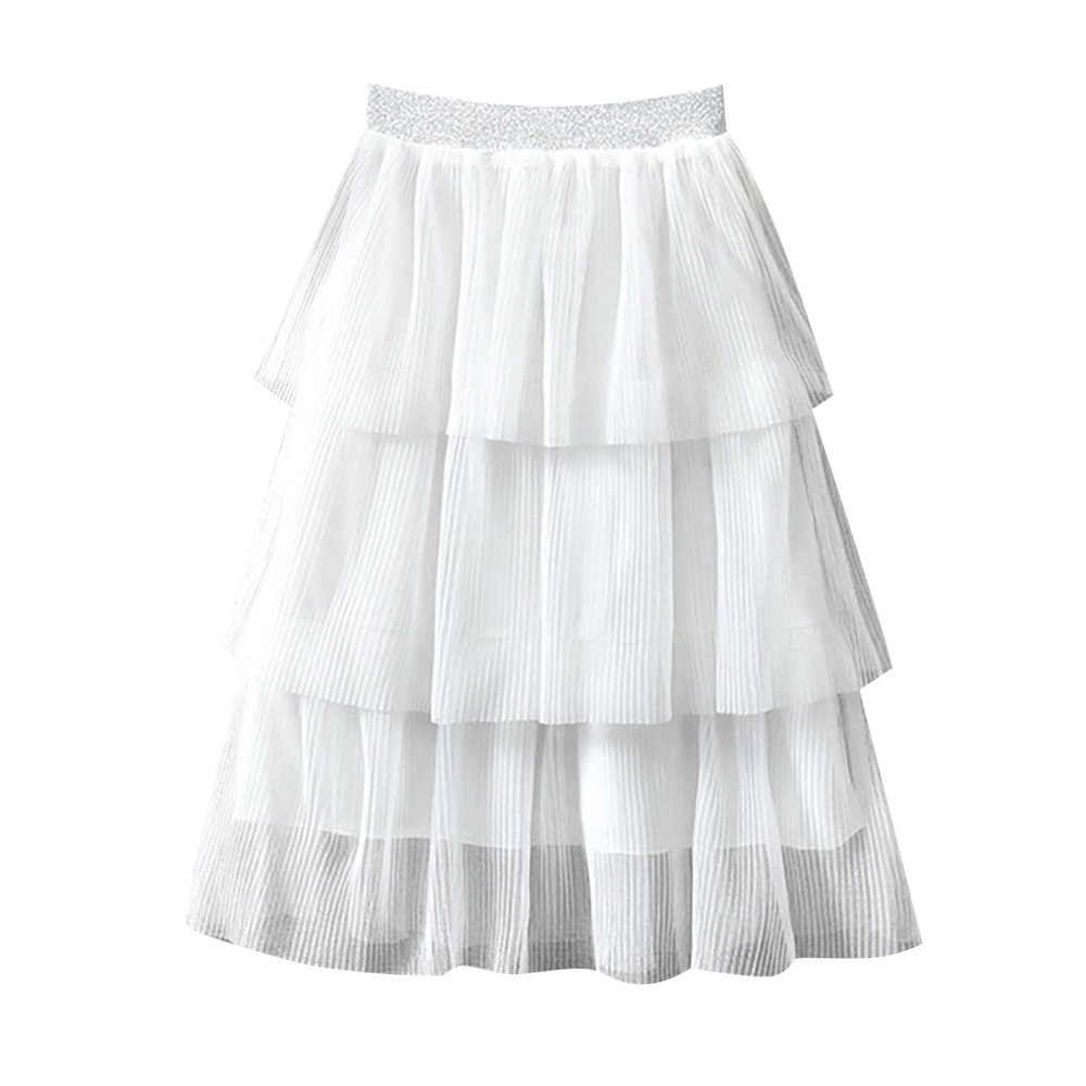 Summer Girl Half Skirt Three Seersucker Press Pleated Mesh Half Skirt Princess Wind Short Baby Girl (White, 3-4 Years)