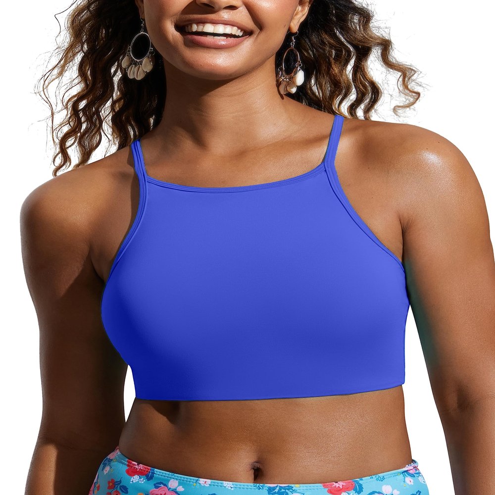 CRZ YOGA Women's Bikini Tops High Neck Swimsuit Racerback Padded Bathing Suit Sexy Swimwear Milky Way Purple Large