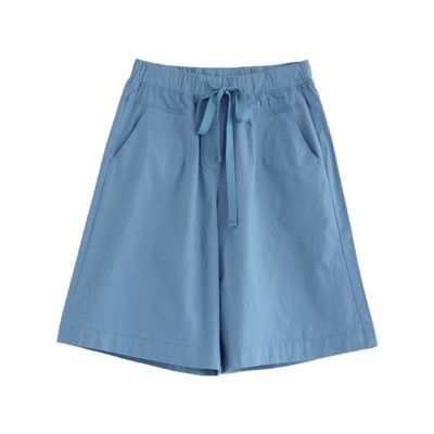 JEsilunmaMY Womens Baggy Cotton Lounge Bermuda Shorts Drawstring Thin Shorts with Pockets Solid Color Casual Wide Leg Shorts (Blue,X-Large)