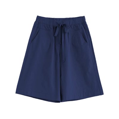 JEsilunmaMY Womens Baggy Cotton Lounge Bermuda Shorts Drawstring Thin Shorts with Pockets Solid Color Casual Wide Leg Shorts (Dark Blue,Large)