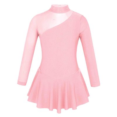 YOOJOO Ice Skating Competition Dress Girls Kids Long Sleeves Roller Skate Ballet Dance Performance Outfits Pearl Pink 12 Years