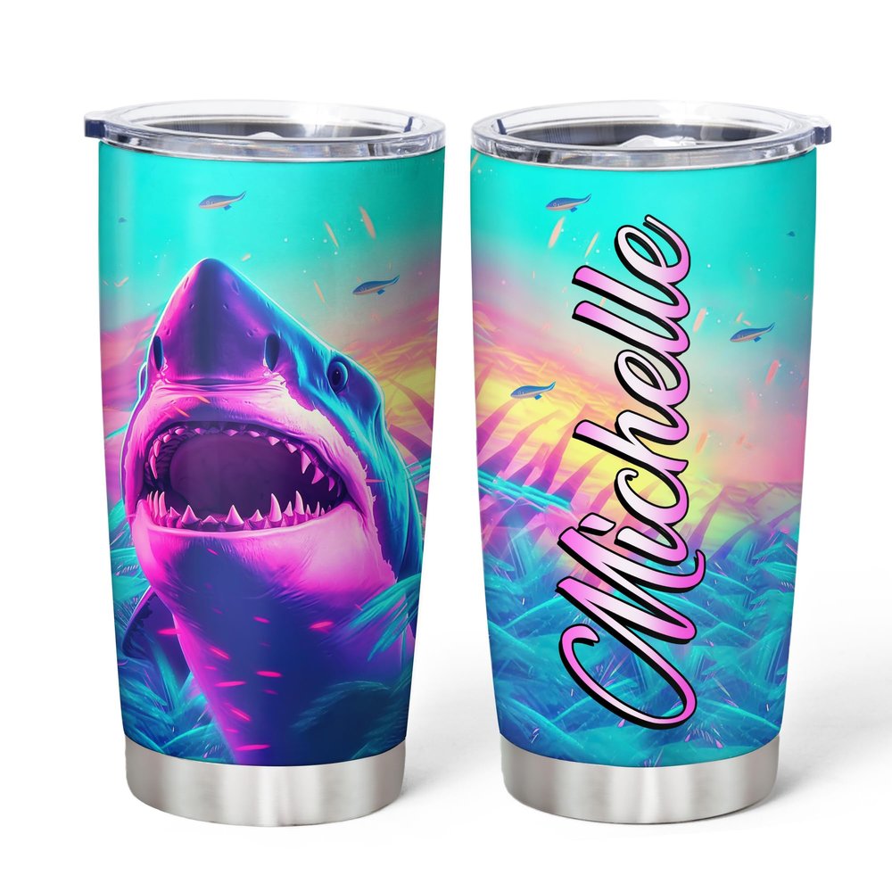 Hyturtle Personalized Gifts Shark Lover - Shark Printed Customized Name Stainless Steel Tumbler 20 oz With Lid - Idea Cute Sea Animal Lover Gifts For Women, Girl, Kids On Birthday, Christmas
