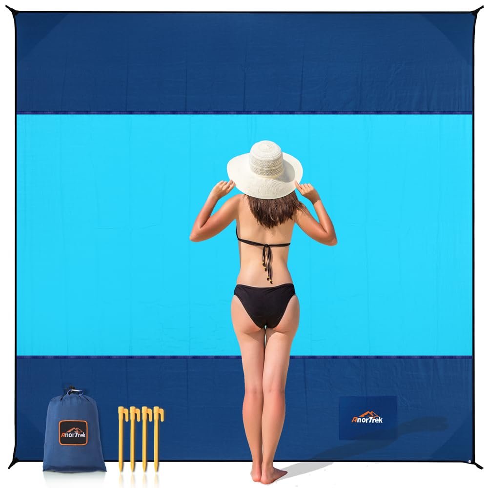 AnorTrek Beach Blanket Sandproof, Extra Large Beach Mat, Sand Free Mat Quick Drying, Lightweight, Soft & Durable Mat for Beach, Yard (Dark Blue & Blue, 6.6 x 6.6 FT (14 Person))