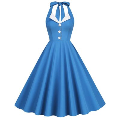 1950s Blue Halter Dresses for Women Vintage Button Lapel Swing Dresses 50s 60s Pin Up Dresses Audrey Hepburn Rockabilly Dresses with Pockets Peacock Blue Small