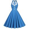 1950s Blue Halter Dresses for Women Vintage Button Lapel Swing Dresses 50s 60s Pin Up Dresses Audrey Hepburn Rockabilly Dresses with Pockets Peacock Blue Small view 1