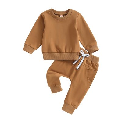 MAYUMMPY Baby Boys Girl Solid Color Outfit Sweatsuit Crewneck Sweatshirt Sweatpants Pants Set Fall Winter Clothes (Brown, 18-24 Months)