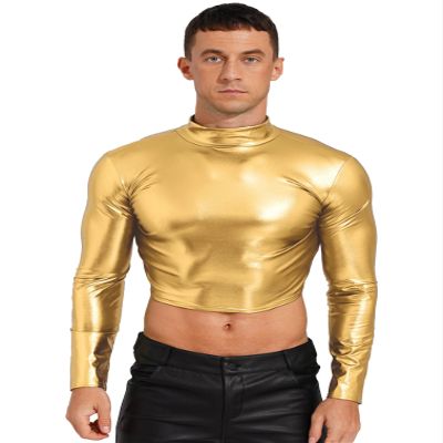 easyforever Men's Metallic Mock Neck Long Sleeve Crop Top Shiny Compression Shirts for Club Party Gold X-Large