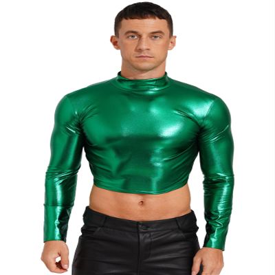 easyforever Men's Metallic Mock Neck Long Sleeve Crop Top Shiny Compression Shirts for Club Party Green X-Large