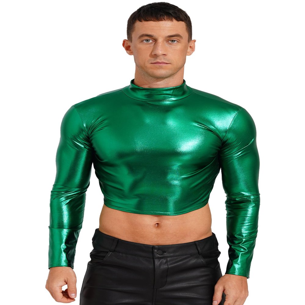easyforever Men's Metallic Mock Neck Long Sleeve Crop Top Shiny Compression Shirts for Club Party Green X-Large