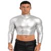 easyforever Men's Metallic Mock Neck Long Sleeve Crop Top Shiny Compression Shirts for Club Party Silver Large