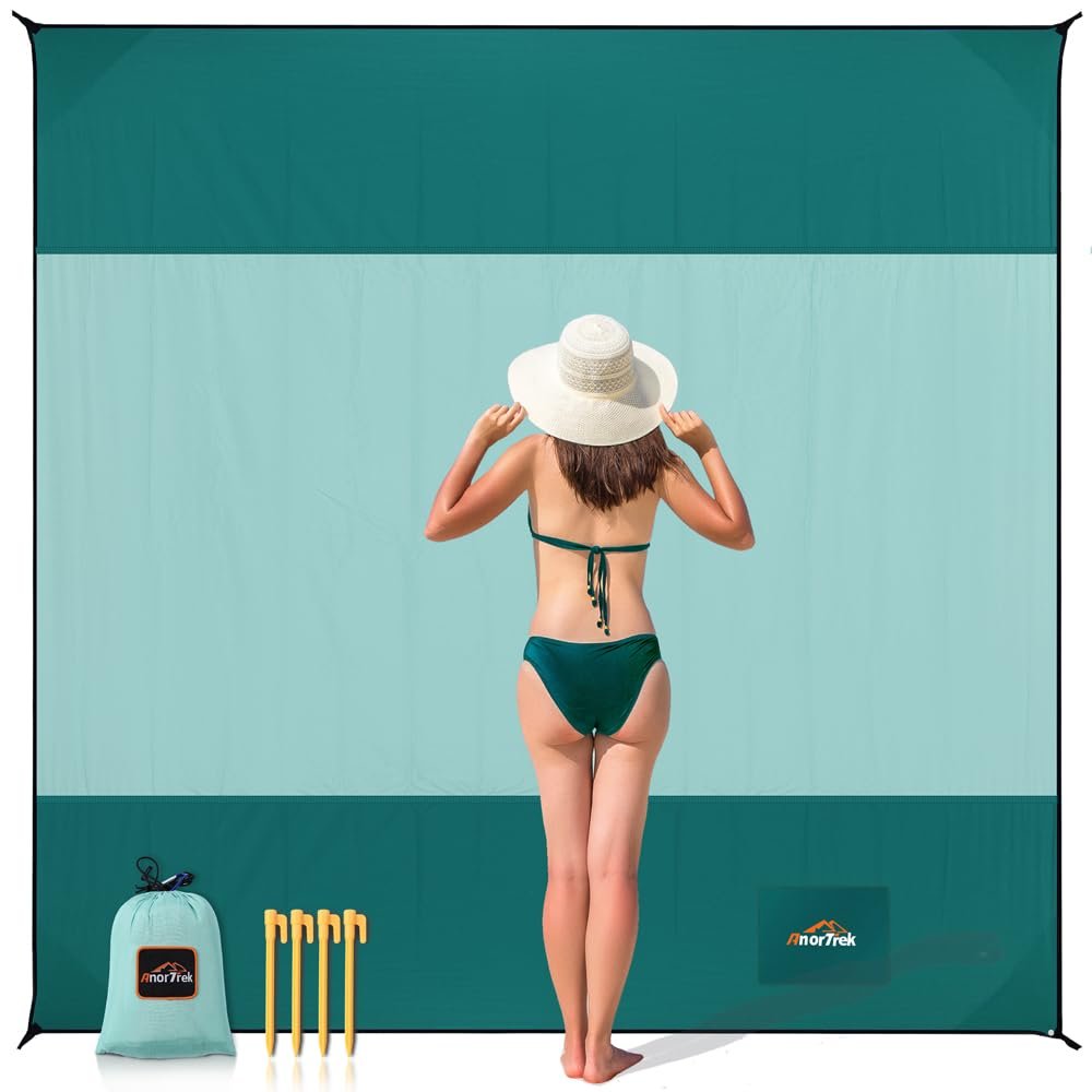AnorTrek Beach Blanket Sandproof, Extra Large Beach Mat, Sand Free Mat Quick Drying, Lightweight, Soft & Durable Mat for Beach, Yard (Dark Green & Mint Green, 10 x 10 FT (19 Person))