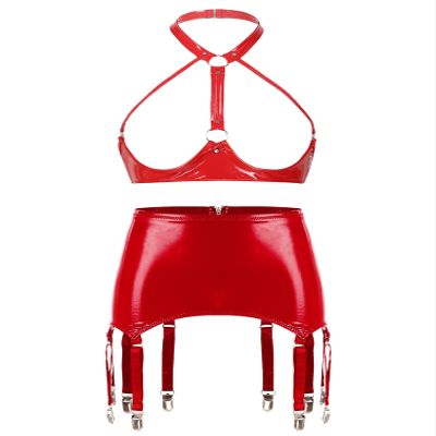 Linjinx Women's Sexy Club Outfits PVC Leather 2 Piece Crop Top with Skirt Set with Garter Belts Red Type B Medium