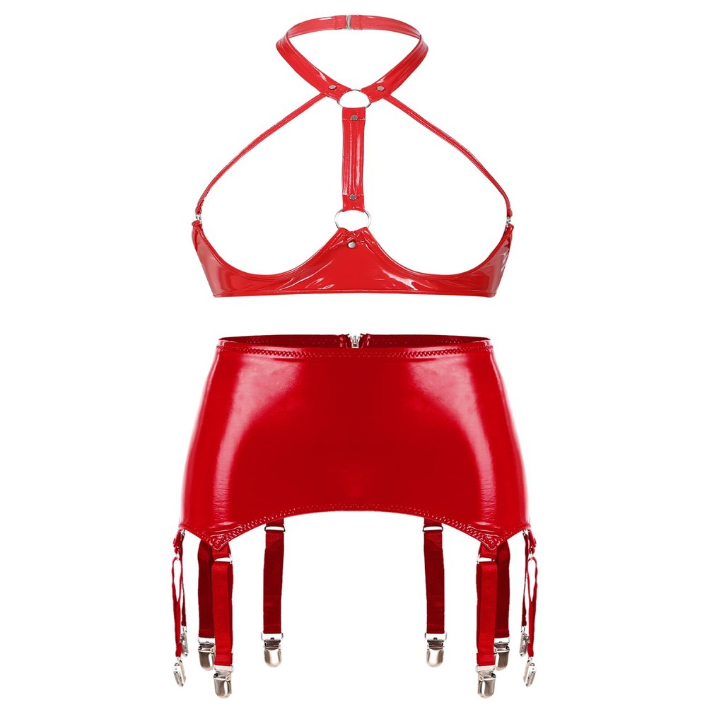 Linjinx Women's Sexy Club Outfits PVC Leather 2 Piece Crop Top with Skirt Set with Garter Belts Red Type B Medium