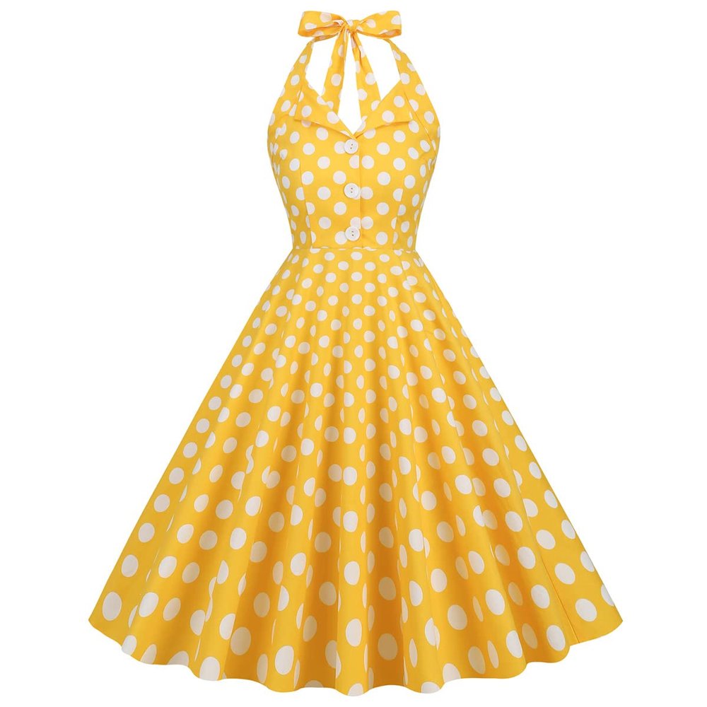 1950s Vintage Halter Dresses 50s Polka Dot Dress for Women 40s Vintage Halter Dresses for Women 50s Rockabilly Cocktail Dresses 60s Vintage Spring Tea Party Swing Dress Yellow White Polka X-Large