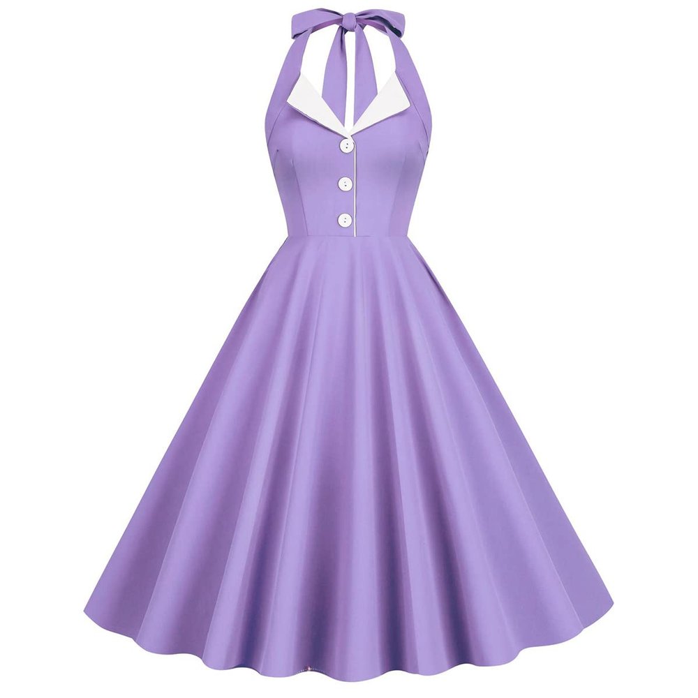 1950s Halter Dresses for Women Vintage Button Lapel Swing Dresses 50s 60s Purple Pin Up Dresses Audrey Hepburn Rockabilly Dresses with Pockets Lavender Medium