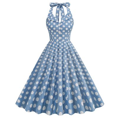 1950 Halter Dresses with Pocket Vintage Polka Dot Dress for Women 50s Rockabilly Dresses Fit and Flare Cocktail Dress 60s Dress Vintage Spring Tea Party Swing Dress Light Blue Polka X-Large