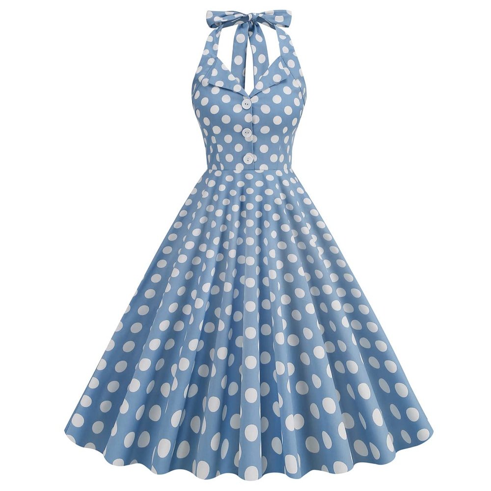 1950 Halter Dresses with Pocket Vintage Polka Dot Dress for Women 50s Rockabilly Dresses Fit and Flare Cocktail Dress 60s Dress Vintage Spring Tea Party Swing Dress Light Blue Polka X-Large
