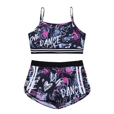 Moily Girls Gymnastics/Dance/Sports Two Piece Outfit Racer Back Crop Top with Booty Shorts Swimwear Straps Balck&Rose Red 8-10