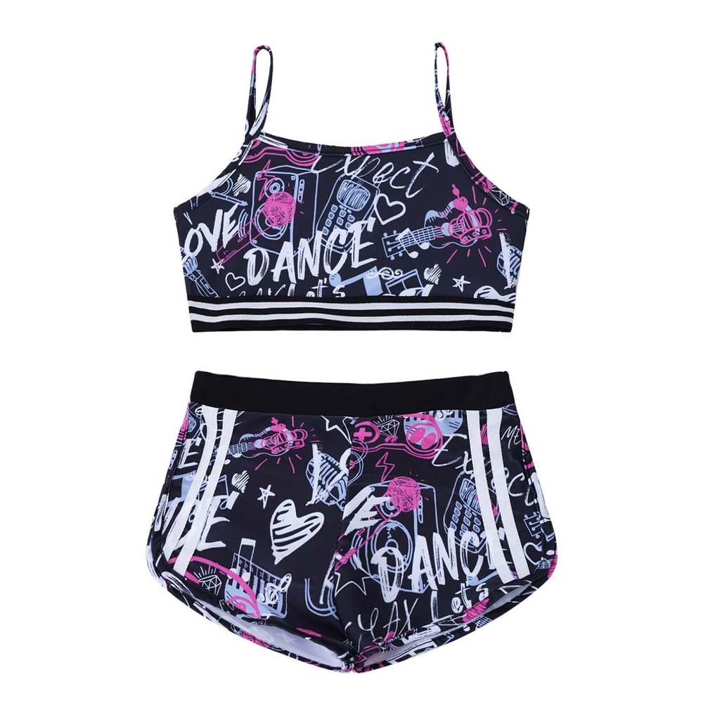 Moily Girls Gymnastics/Dance/Sports Two Piece Outfit Racer Back Crop Top with Booty Shorts Swimwear Straps Balck&Rose Red 8-10