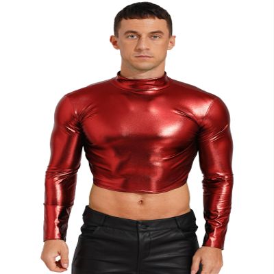 easyforever Men's Metallic Mock Neck Long Sleeve Crop Top Shiny Compression Shirts for Club Party Red Large