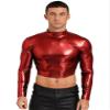 easyforever Men's Metallic Mock Neck Long Sleeve Crop Top Shiny Compression Shirts for Club Party Red Large
