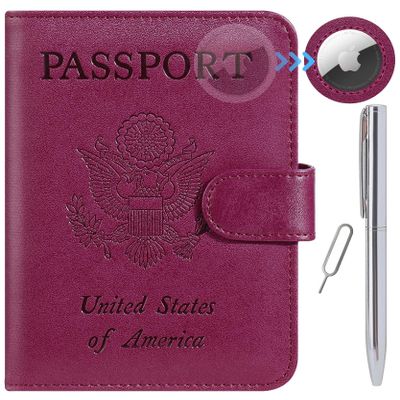Airtag Passport Holder Cover Wallet RFID Blocking Leather Case Travel Essentials Luggage Accessories Travel Must Have(118#Purple)